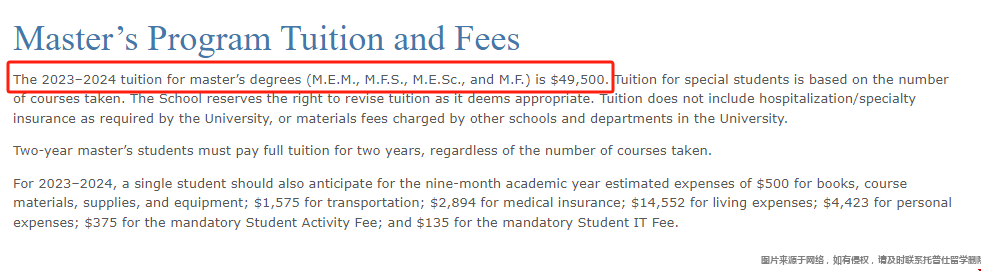 耶魯大學環境學院研究生學費